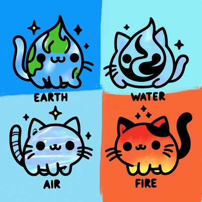 4 cats that represent the different elements, earth, water, air, and fire