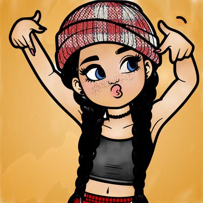 realistic teenage girl with braids and a beanie and crop top doing 🫶🏼