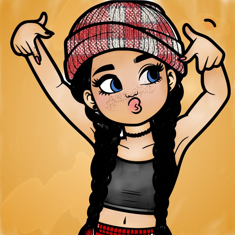 realistic teenage girl with braids and a beanie and crop top doing 🫶🏼