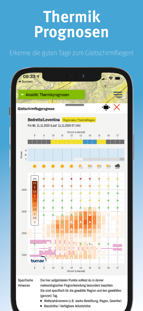 burnair Map - burnair Map app displaying a detailed thermal forecast graph for paragliding flight planning