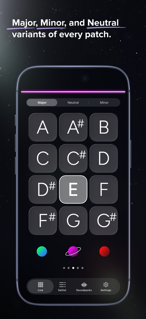 AeroPads - Pads & Soundscapes - Interfaccia AeroPads che mostra una griglia di tonalità musicali per paesaggi sonori maggiori, minori e neutri.