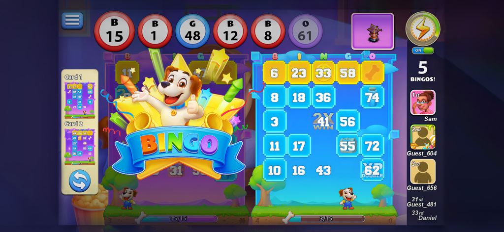 Live bingo gameplay in Bingo Journey featuring a cheerful dog mascot and player leaderboard