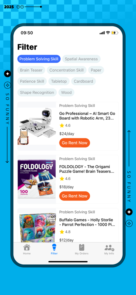 PuzzlePlayRent - PuzzlePlayRent app screen showing puzzle categories and rental listings for brain games.
