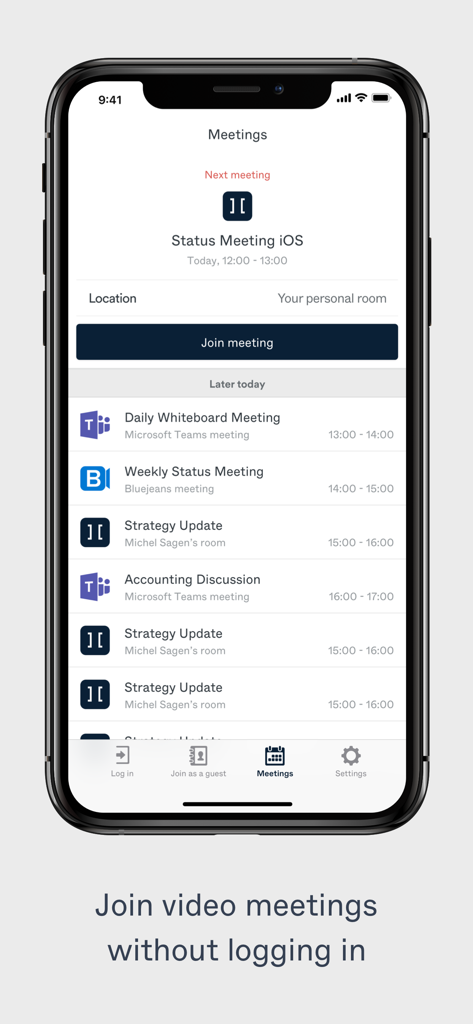 Pexip (My Meeting Video) - Pexip mobile app screen showing a schedule of upcoming video meetings and a join meeting button