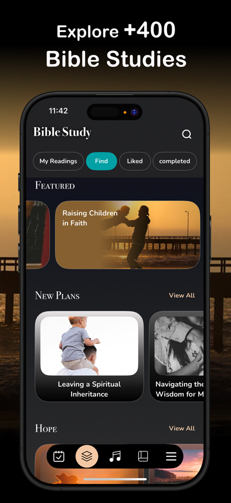 Interface de l'application Méditation Pain Quotidien pour Hommes montrant divers plans d'étude biblique comme Élever des enfants dans la foi.