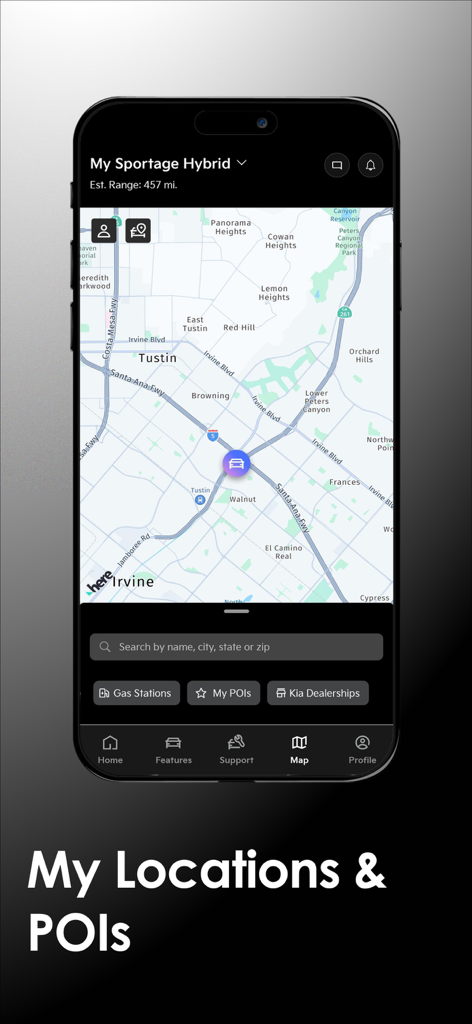 차량 위치 및 주변 관심 지점을 보여주는 기아 액세스 앱의 지도 보기 화면