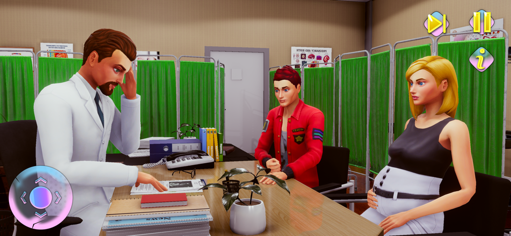 Pregnant Mommy Pregnancy Life - Una mujer embarazada virtual y su esposo consultando a un médico en una escena de simulación de hospital.