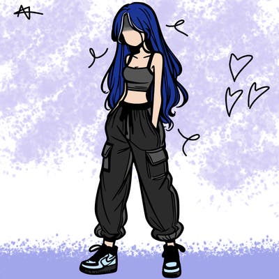 girl in baggy pants crop top and long hair