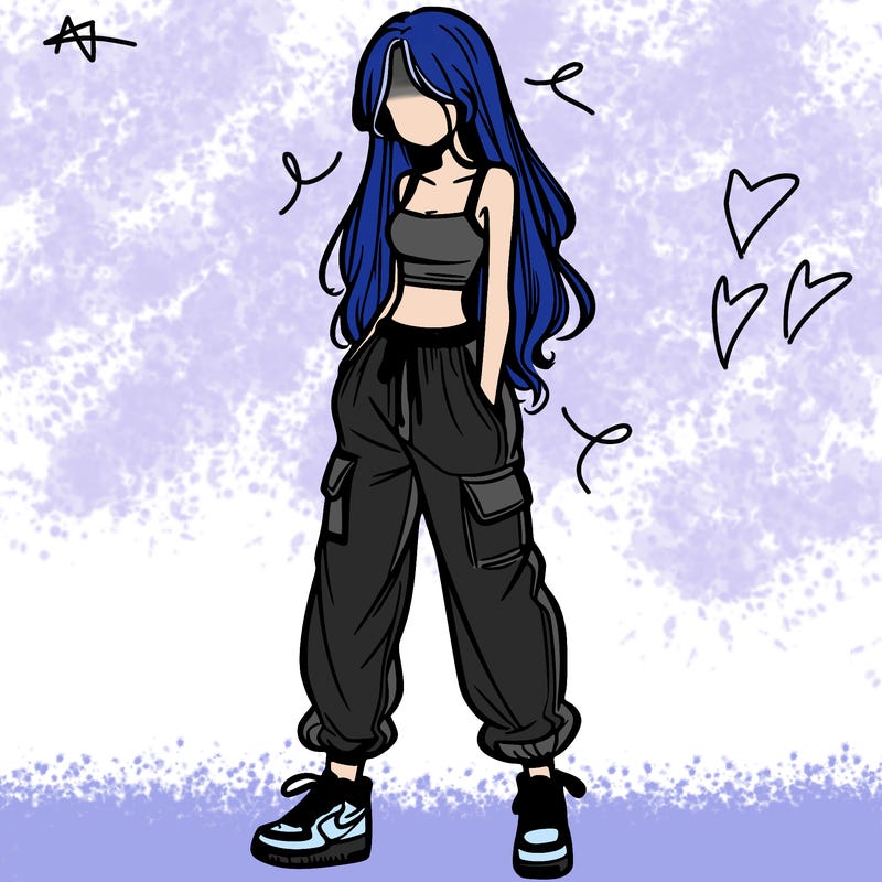 girl in baggy pants crop top and long hair