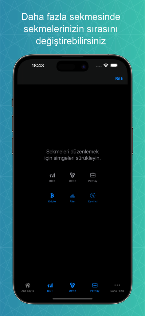 Canlı Borsa-Döviz Altın Kripto - A mobile screen showing the options to organize financial tracking icons for stocks currency and gold in the Canli Borsa app