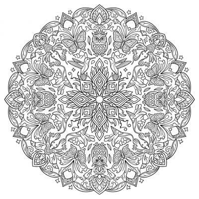 Dive into a world of intricate beauty with this stunning adult animal mandala. Featuring a harmonious blend of majestic owls, delicate butterflies, and graceful hummingbirds, this design offers a captivating challenge for experienced colorists.