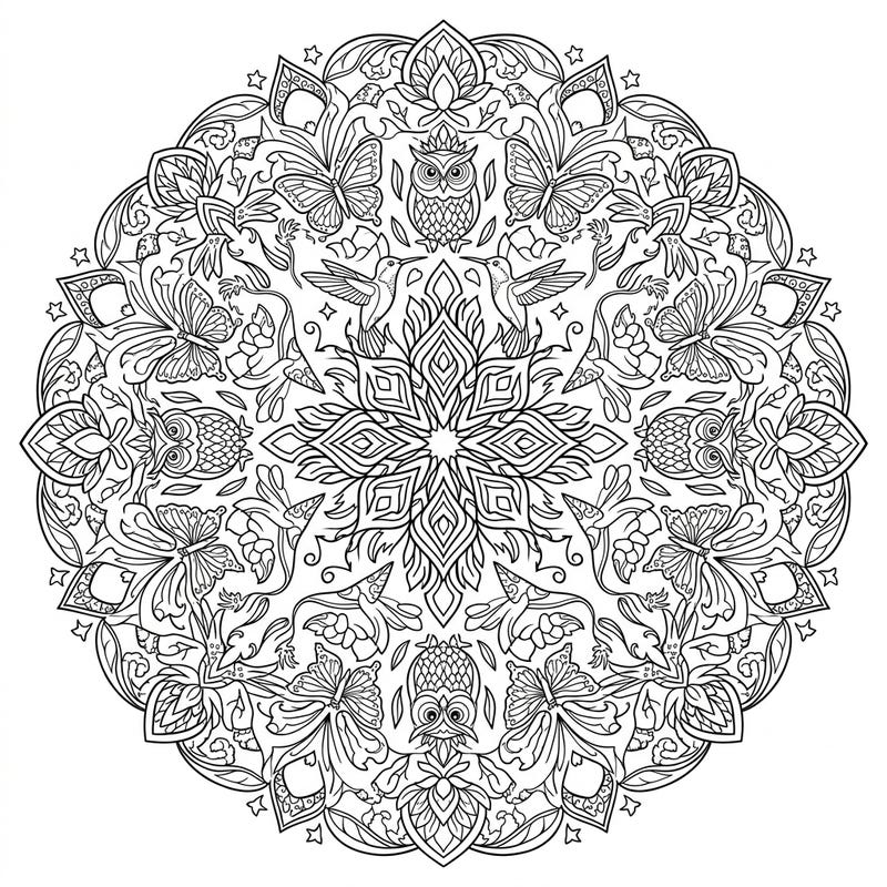 Dive into a world of intricate beauty with this stunning adult animal mandala. Featuring a harmonious blend of majestic owls, delicate butterflies, and graceful hummingbirds, this design offers a captivating challenge for experienced colorists.