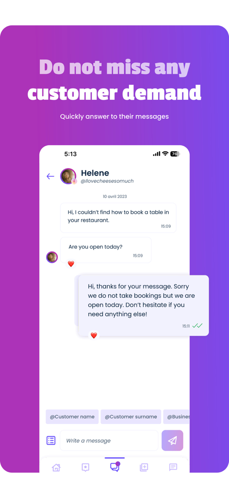 Malou - Malou app interface showing a direct message exchange between a restaurant and a customer