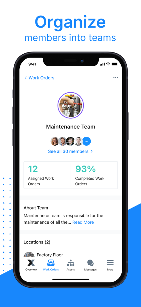 MaintainX Work Orders - Ansicht der MaintainX App, die die Organisation des Wartungsteams und Statistiken zur Erledigung von Arbeitsaufträgen zeigt