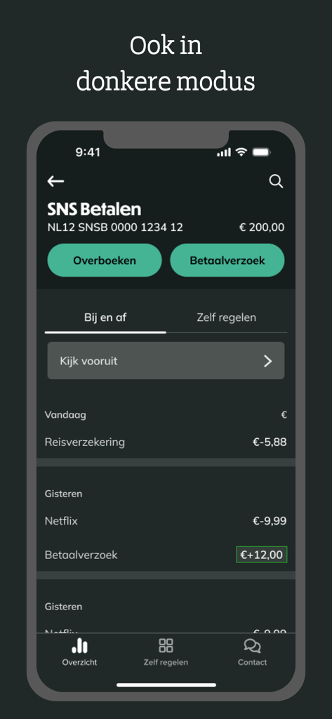 Interfaz de la aplicación de banca móvil SNS en modo oscuro que muestra el saldo de la cuenta y las transacciones