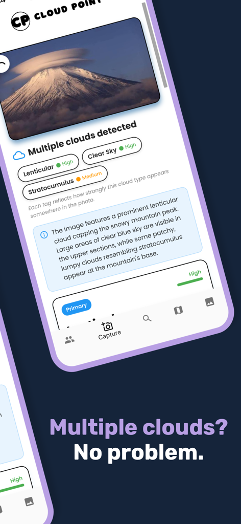 Cloud Point: Cloud Identifier - Interface of Cloud Point app identifying multiple cloud types in a mountain landscape photo