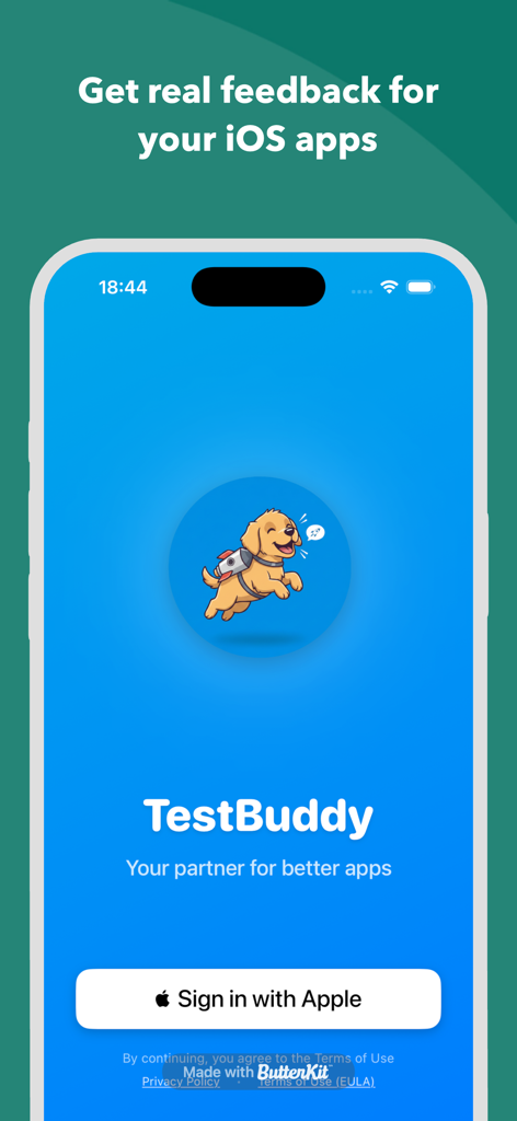 TesterBuddy login screen featuring a cartoon dog with a jetpack and a Sign in with Apple button.