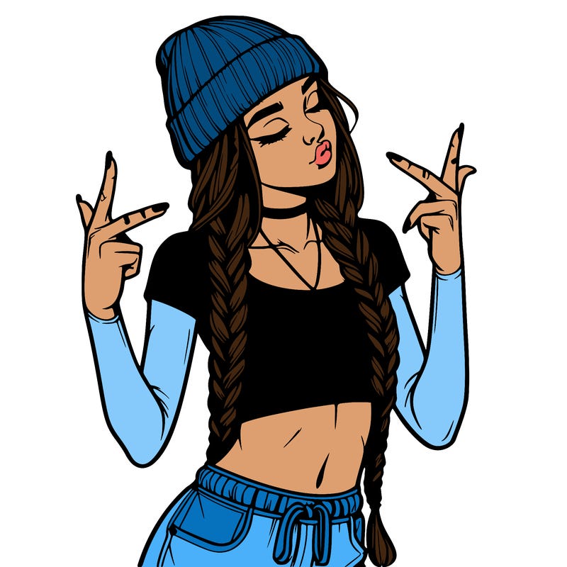 realistic teenage girl with braids and a beanie and crop top doing 🫶🏼
