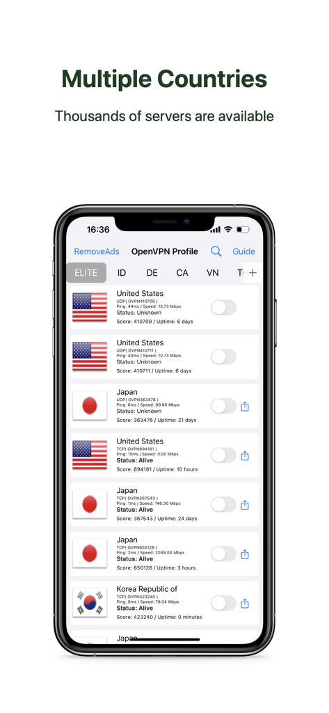 VPN Proxy OvpnSpider Pro app interface showing a list of available servers from the United States Japan and Korea