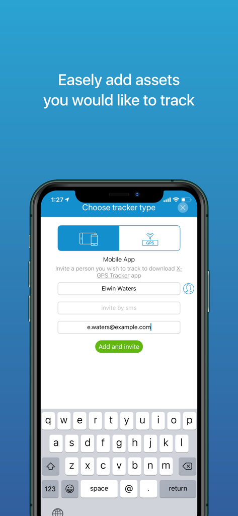 Interface of the X-GPS Monitor app showing the screen to add and invite new assets or mobile trackers by email