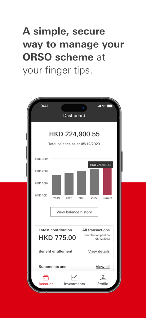 HSBC ORSO Member - Panel de la aplicación HSBC ORSO Member que muestra el saldo de la cuenta de jubilación y el gráfico de rendimiento de la inversión