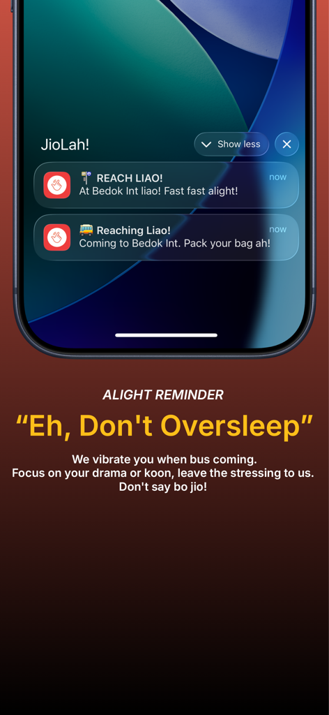 JioLah! SG Bus & Trains - JioLah app alight reminder notifications on an iPhone lock screen with local Singlish alerts.