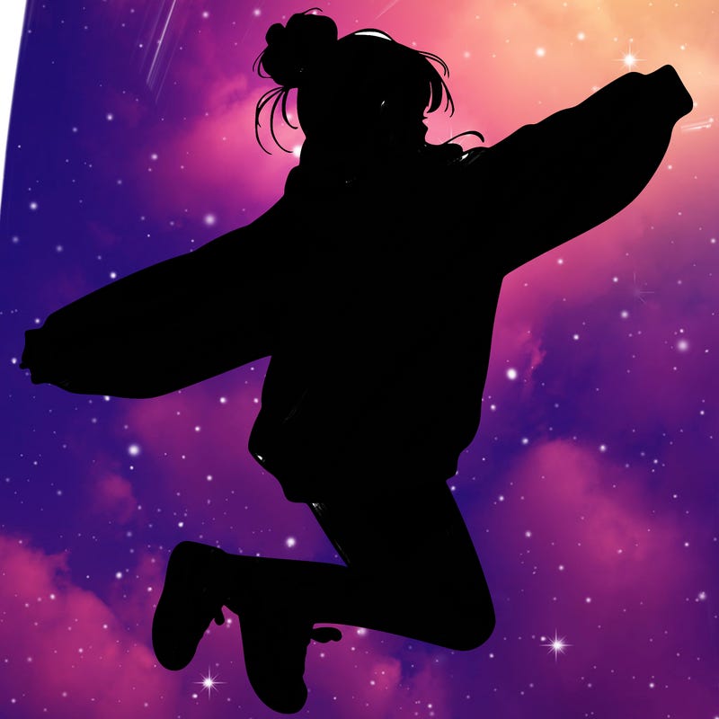 realistic girl jumping with a bun and oversized sweatshirt