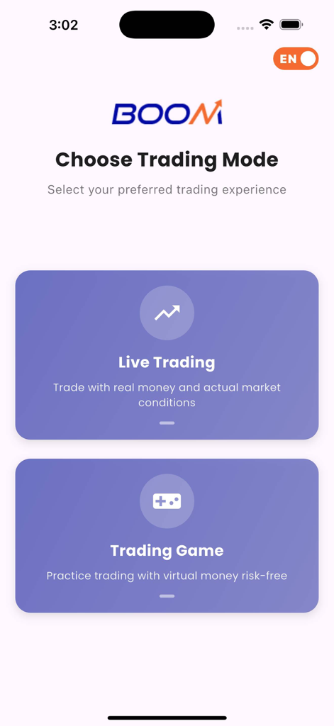 BOOM Trading - BOOM Trading app screen for selecting between Live Trading and Trading Game modes.