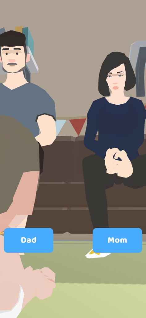 Gameplay screen of 100 Years Life Simulator showing a choice between Dad and Mom characters sitting on a sofa