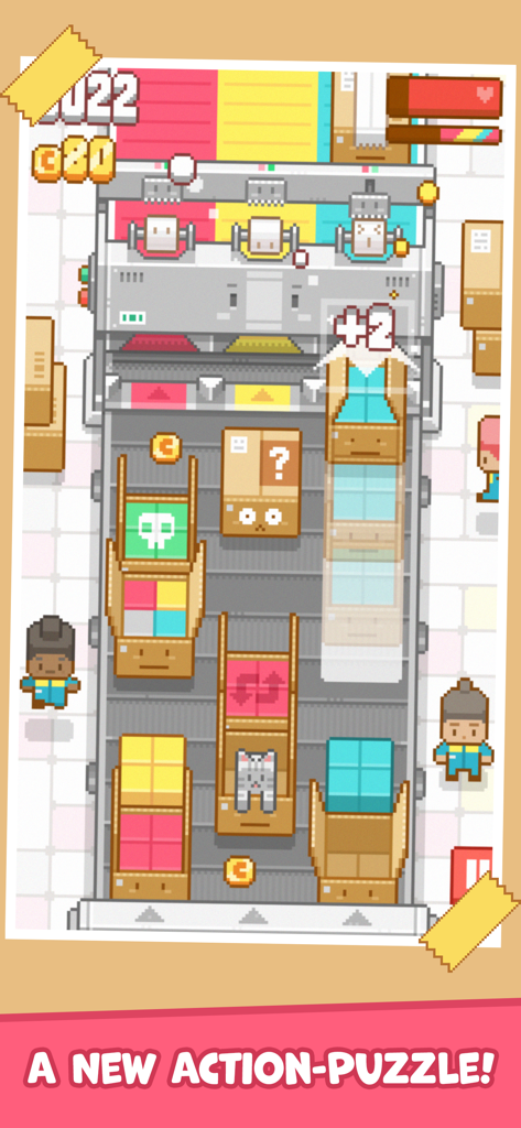 Box It Up! Inc. - Pixel art gameplay of Box It Up! Inc. showing boxes on a conveyor belt with characters and coins.
