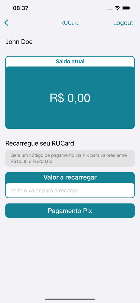 Cardápio USP - RUCard balance and recharge screen in Cardapio USP mobile app