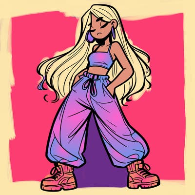 girl in baggy pants crop top and long hair
