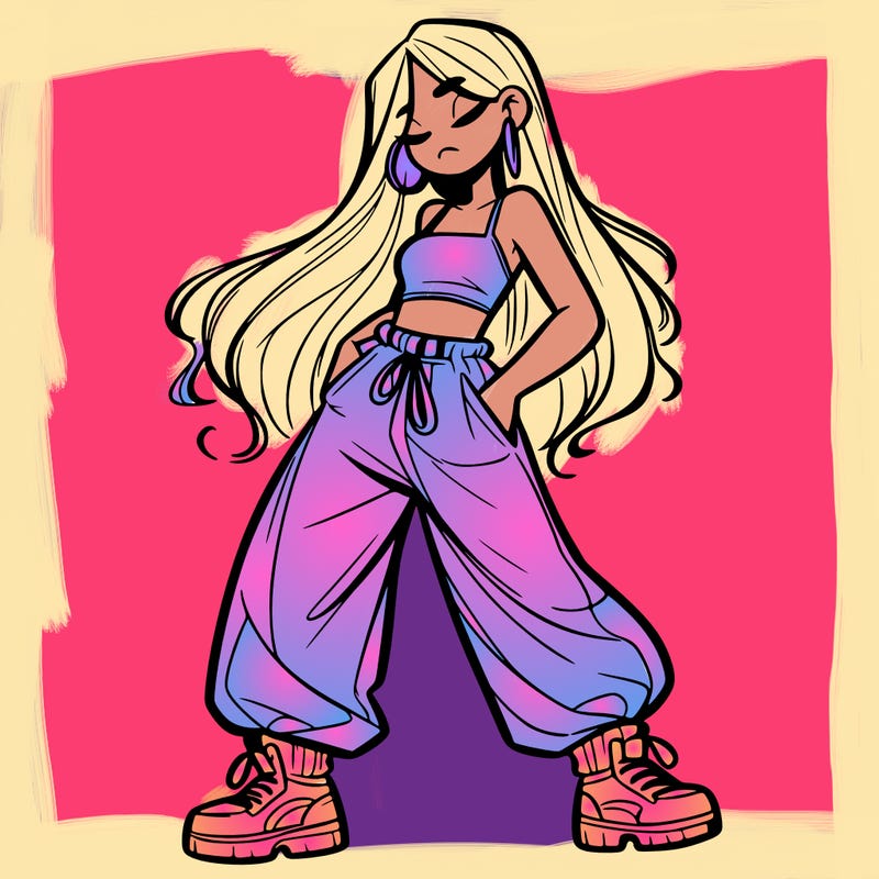 girl in baggy pants crop top and long hair