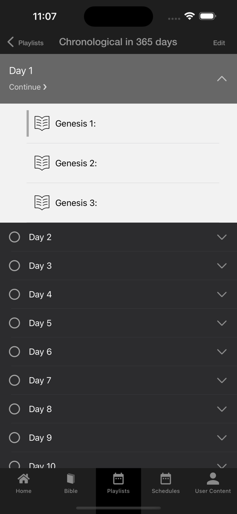 EWTN - EWTN 앱 스크린샷, 창세기 1일차 장을 포함한 365일 연대기 성경 읽기 계획 표시