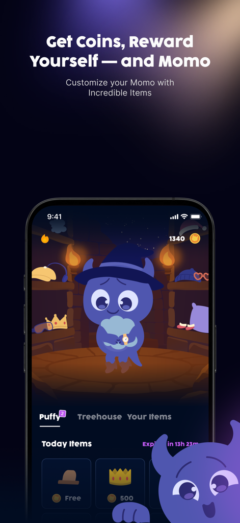 Self-Care Pet: Momo - Momo pet character in a virtual item shop for customization and rewards.
