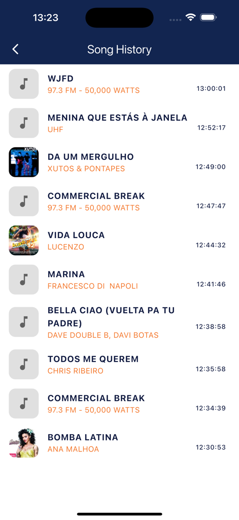 Song history screen of the Radio WJFD app listing recently played Portuguese music and artists