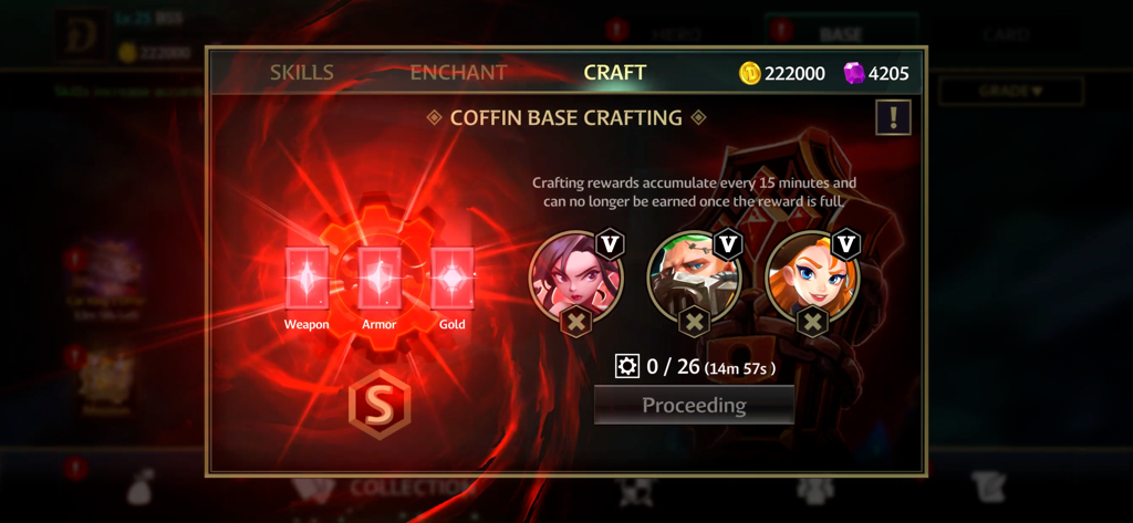In-game interface for Coffin Base Crafting in Dicast Rules of Chaos showing weapon armor and gold progression