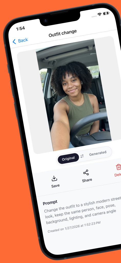 Bloom: AI photo editor - Interface do editor de fotos Bloom AI mostrando um prompt de mudança de roupa para uma selfie do usuário