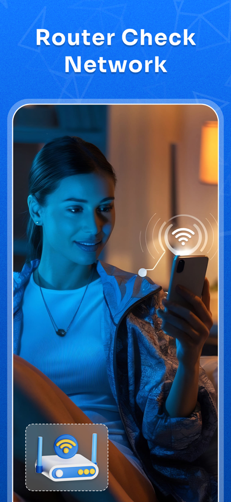 A woman using her phone to check router network status with the Wifi Share Manager app.