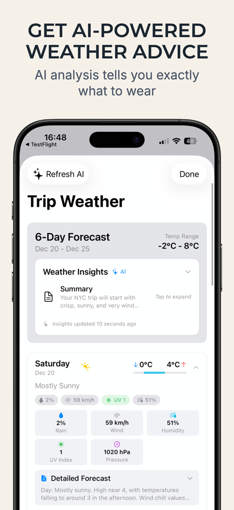 PackNinja: Travel Packing List - PackNinja mobile app interface showing AI powered weather insights and detailed 6 day trip forecast statistics.