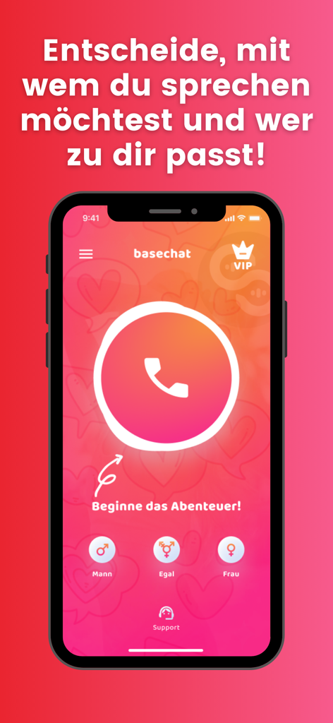 オーディオデーティングの性別選択オプションと、大きな中央の通話ボタンを備えたBaseChatアプリのインターフェース