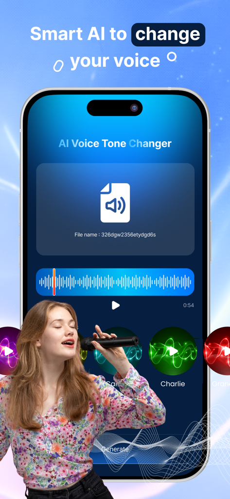Mobile app interface showing AI voice tone changer features with a person singing and voice style presets