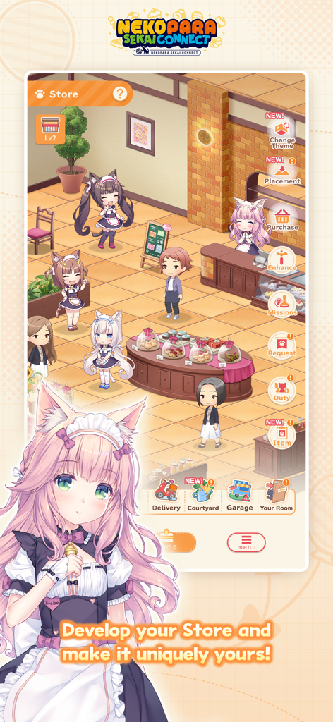 Nekopara Sekai Connect - Store management gameplay in Nekopara Sekai Connect with chibi characters and customization options.