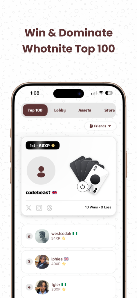 Whotnite - Play Whot Online - Whotnite top 100 leaderboard showing global player rankings