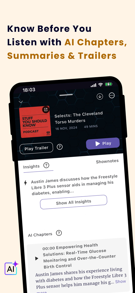AI Podcast Player: Podurama - Interfaccia dell'app mobile Podurama che mostra capitoli di podcast generati dall'AI e riepiloghi degli episodi