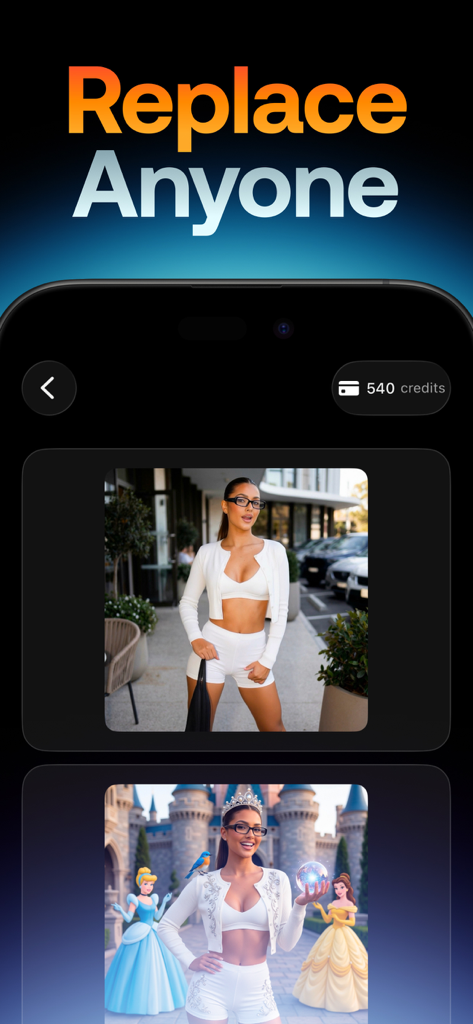 Swap Cast: AI Video - Una captura de pantalla de la aplicación Swap Cast AI Video que muestra la función Replace Anyone transformando a una mujer en un entorno informal en una escena de castillo de cuento de hadas