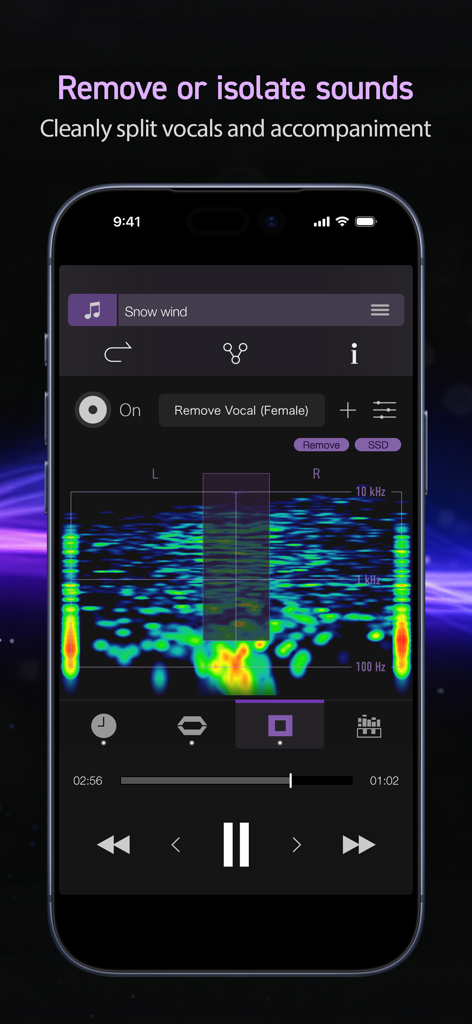 PSOFT Audio Player - Interfaz móvil de PSOFT Audio Player que muestra la función de eliminación de voces y aislamiento de sonido con una visualización del espectro de frecuencia.