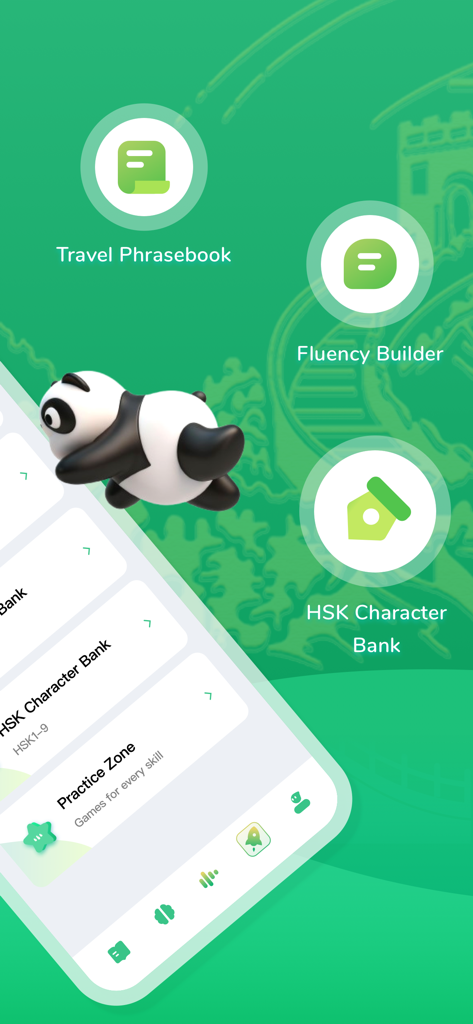 Interfaccia dell'app ChineseSkill che mostra le funzionalità della banca di caratteri HSK e del fraseggio di viaggio.