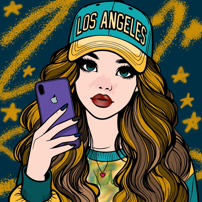 realistic beautiful girl wearing los ángeles cap holding an iphone
