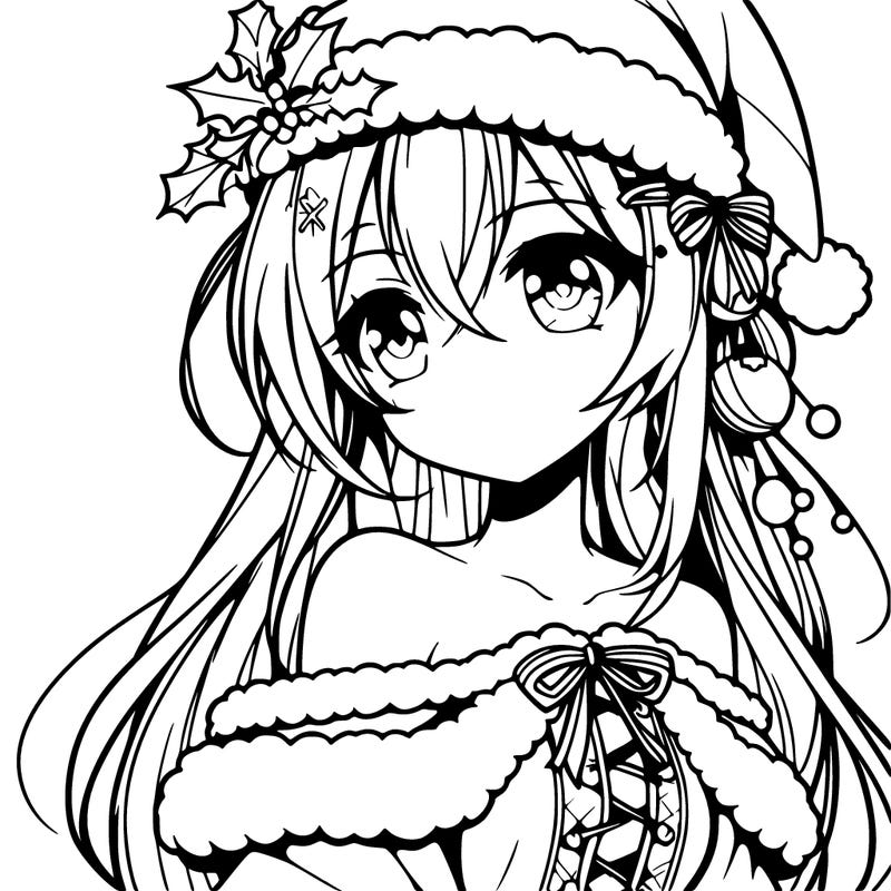 beautiful anime girl with christmas hat